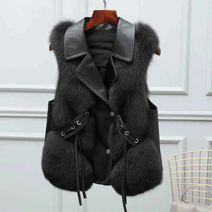Women's faux fur and leather vest with lapel collar and button front