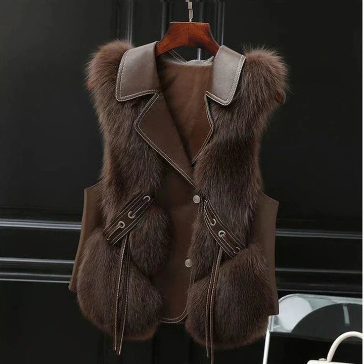 Women's faux fur and leather vest with lapel collar and button front
