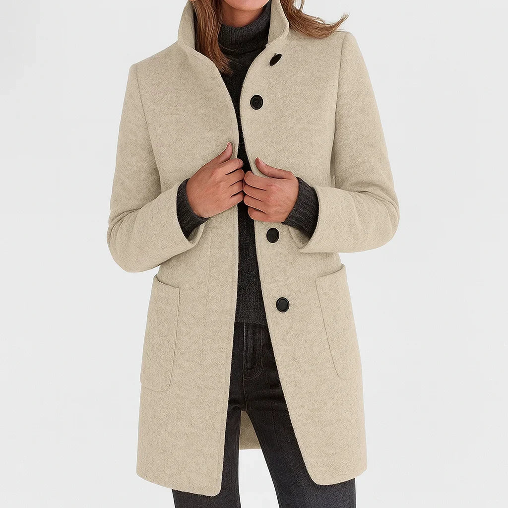 Women's felted wool coat with stand collar and button-front closure