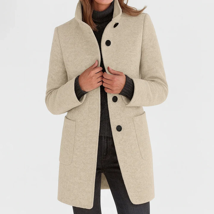 Women's felted wool coat with stand collar and button-front closure