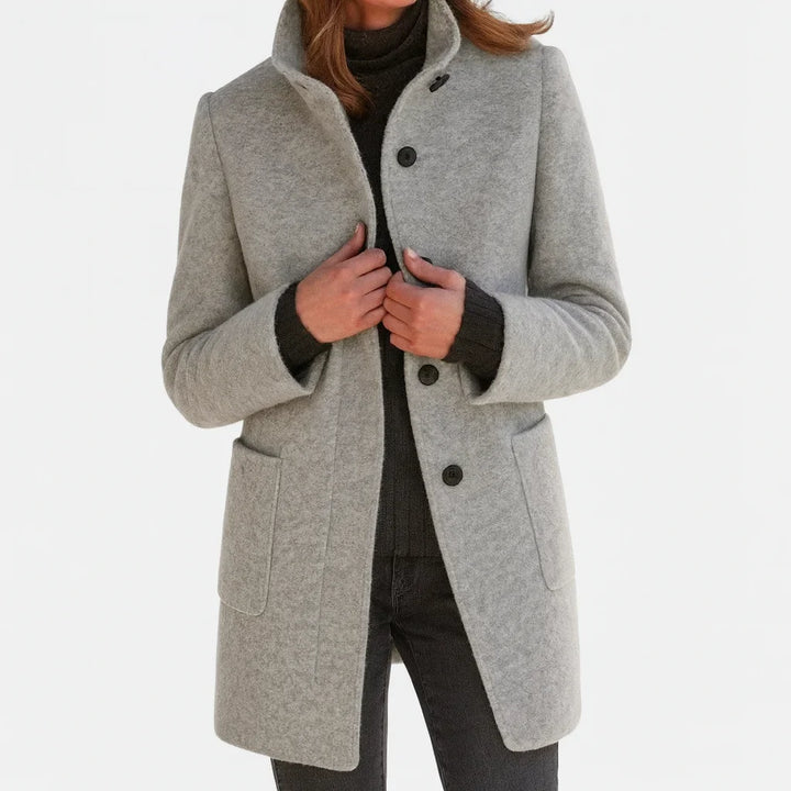 Women's felted wool coat with stand collar and button-front closure