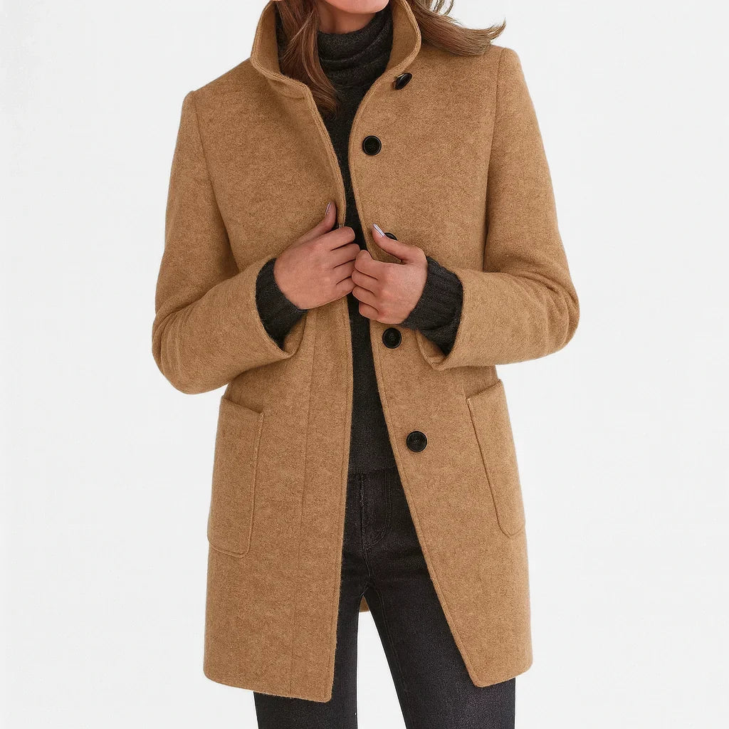 Women's felted wool coat with stand collar and button-front closure