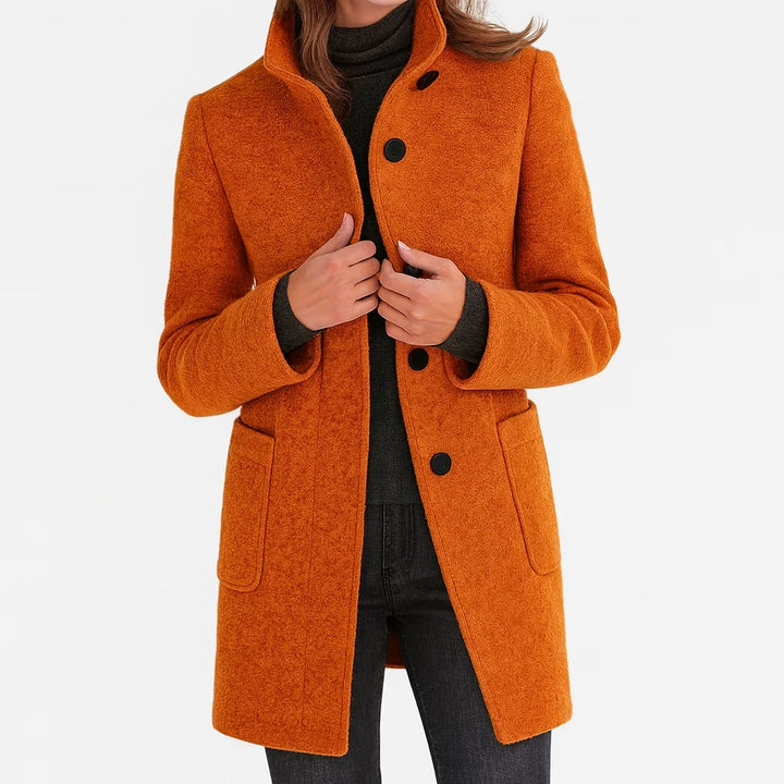 Women's felted wool coat with stand collar and button-front closure