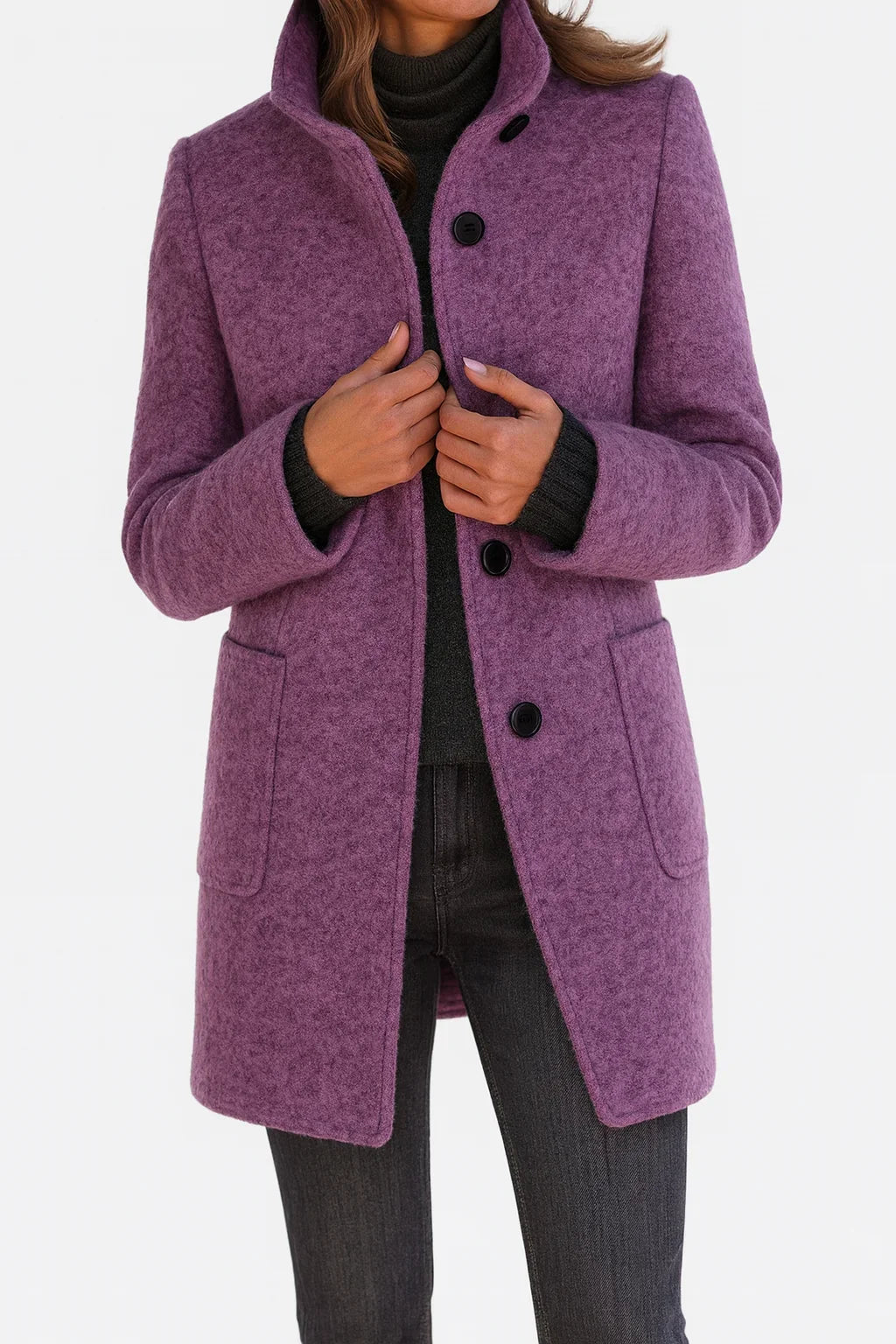 Women's felted wool coat with stand collar and button-front closure