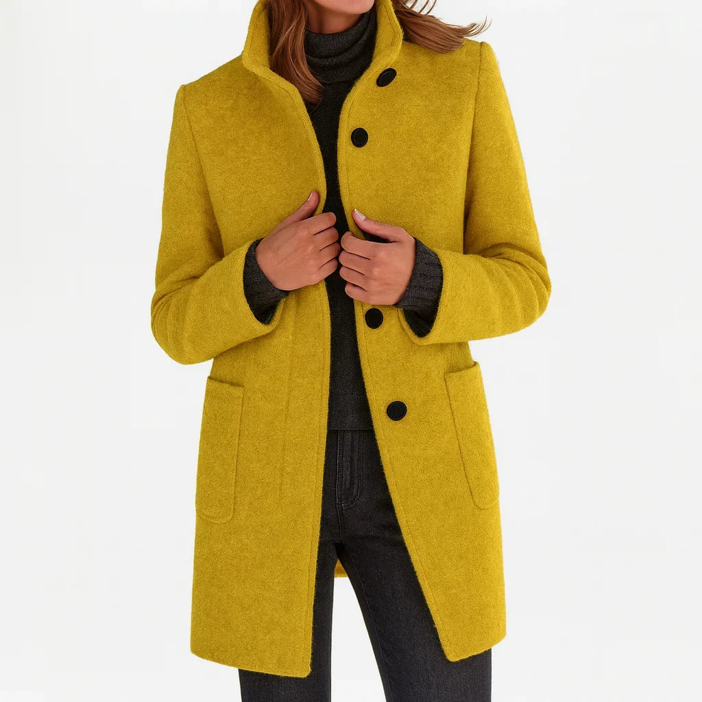 Women's felted wool coat with stand collar and button-front closure