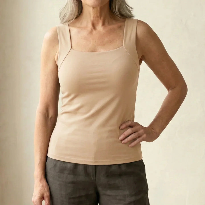 Women's fitted knit built-in bra tank top with square-neck