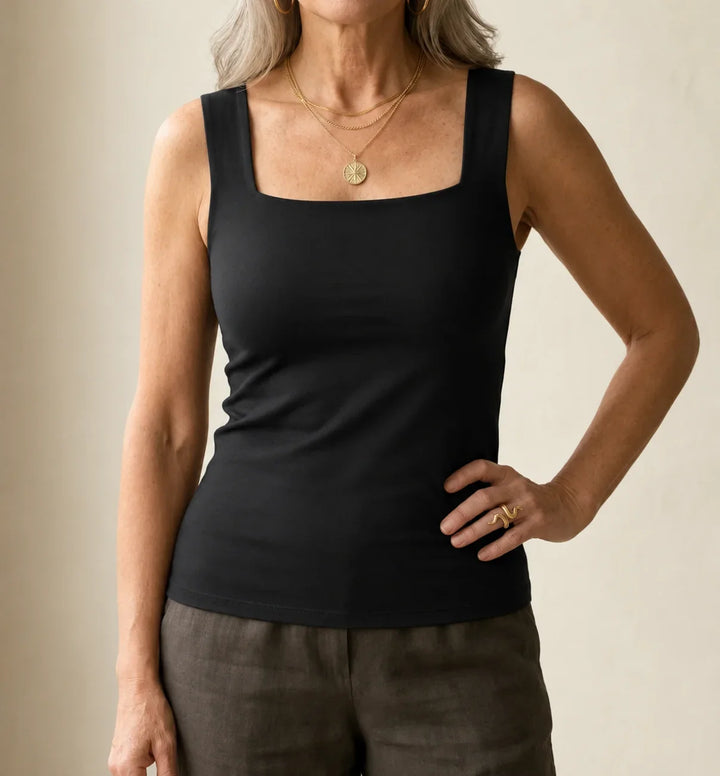 Women's fitted knit built-in bra tank top with square-neck