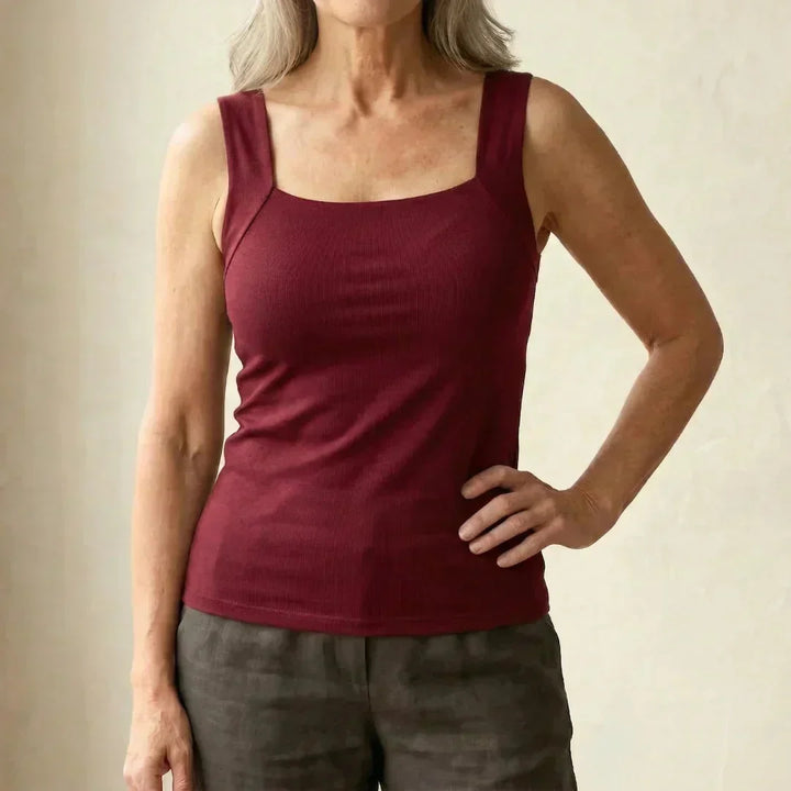 Women's fitted knit built-in bra tank top with square-neck