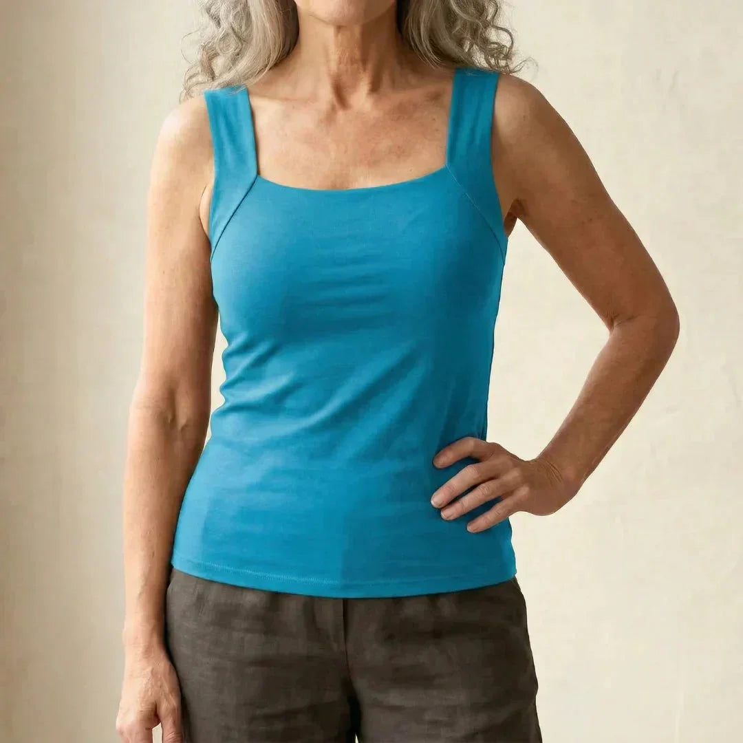 Women's fitted knit built-in bra tank top with square-neck