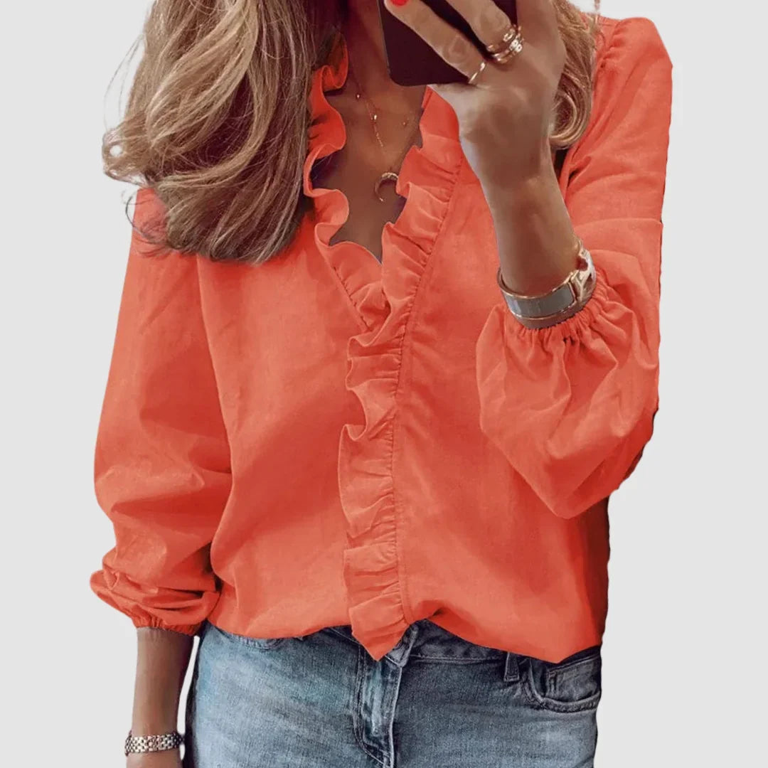 Women's floral long sleeve blouse with ruffled V-neck and gathered cuffs