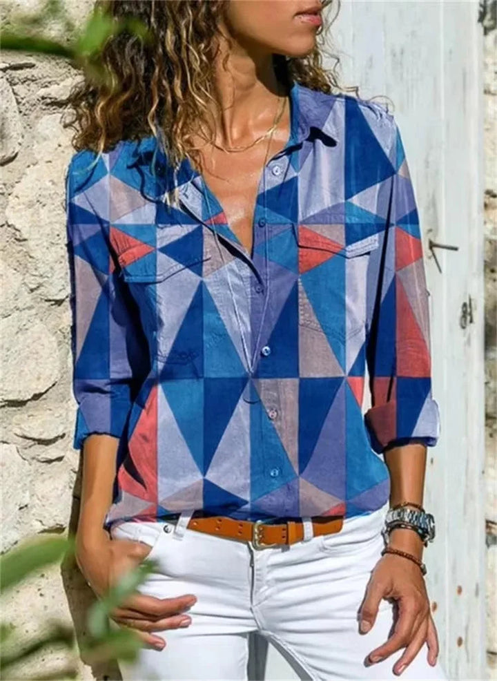 Women's geometric-print long-sleeve button-down shirt with chest pockets
