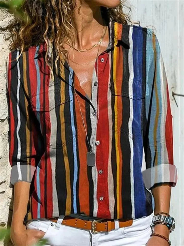 Women's geometric-print long-sleeve button-down shirt with chest pockets