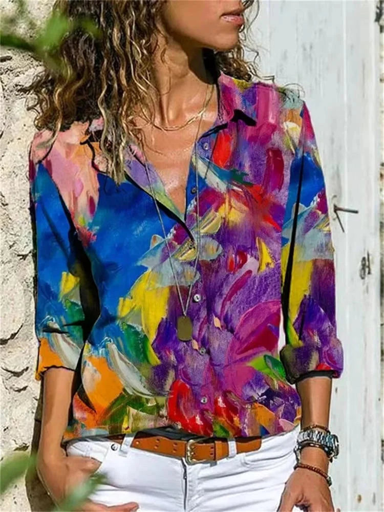 Women's geometric-print long-sleeve button-down shirt with chest pockets