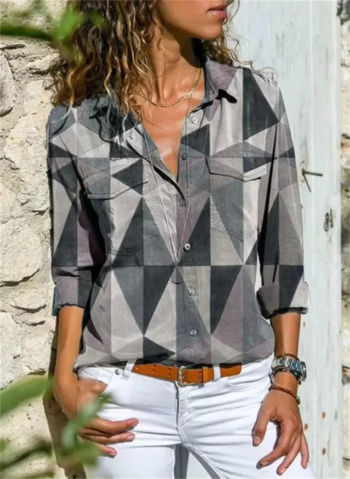 Women's geometric-print long-sleeve button-down shirt with chest pockets