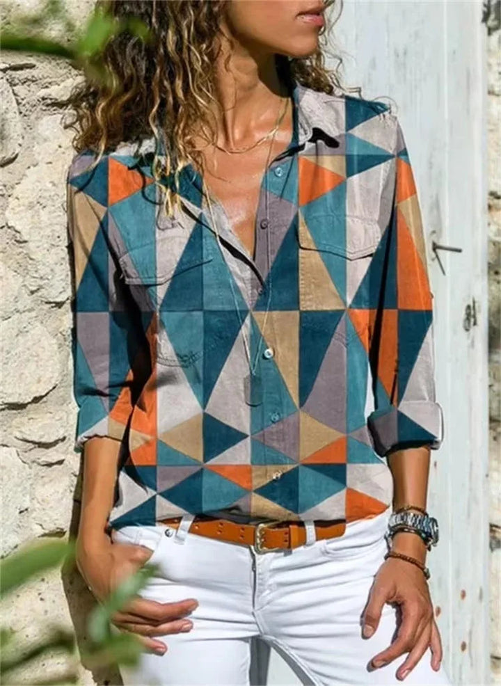 Women's geometric-print long-sleeve button-down shirt with chest pockets