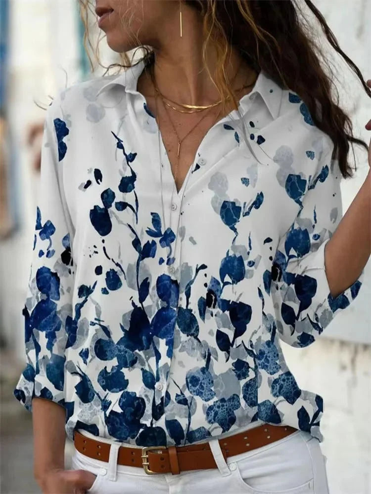 Women's geometric-print long-sleeve button-down shirt with chest pockets