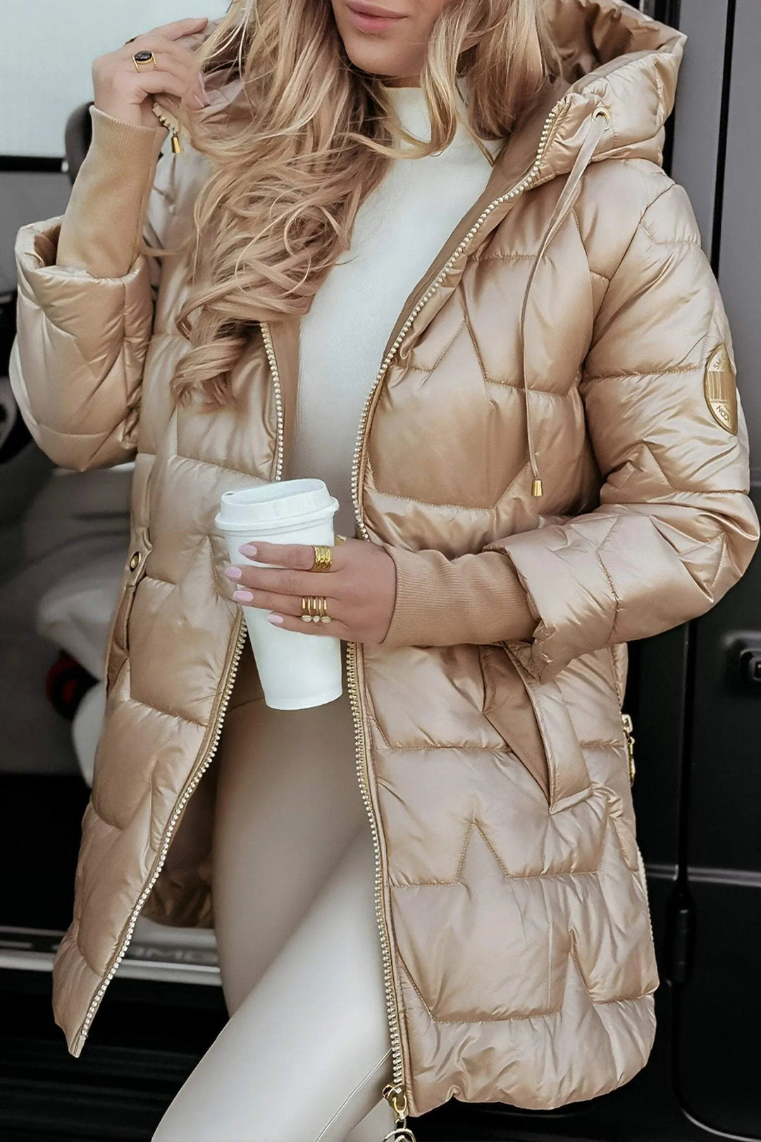 Kacob | Women's Glossy Hooded Longline Puffer Jacket – Chevron Quilted Zip-Up Coat