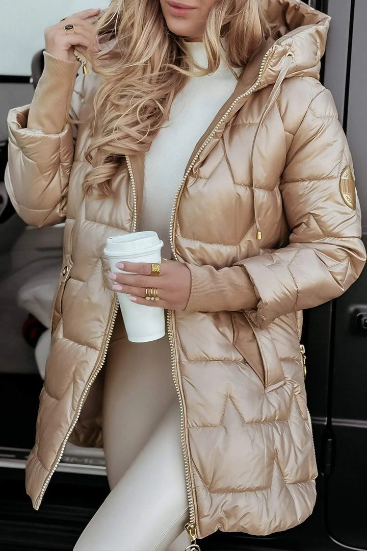 Kacob | Women's Glossy Hooded Longline Puffer Jacket – Chevron Quilted Zip-Up Coat