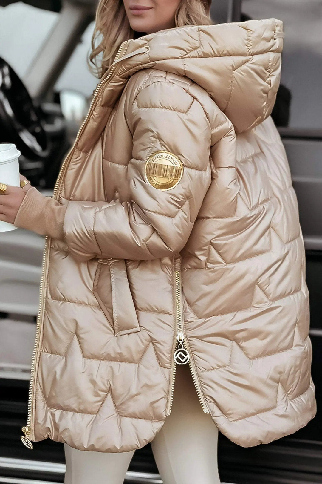 Kacob | Women's Glossy Hooded Longline Puffer Jacket – Chevron Quilted Zip-Up Coat