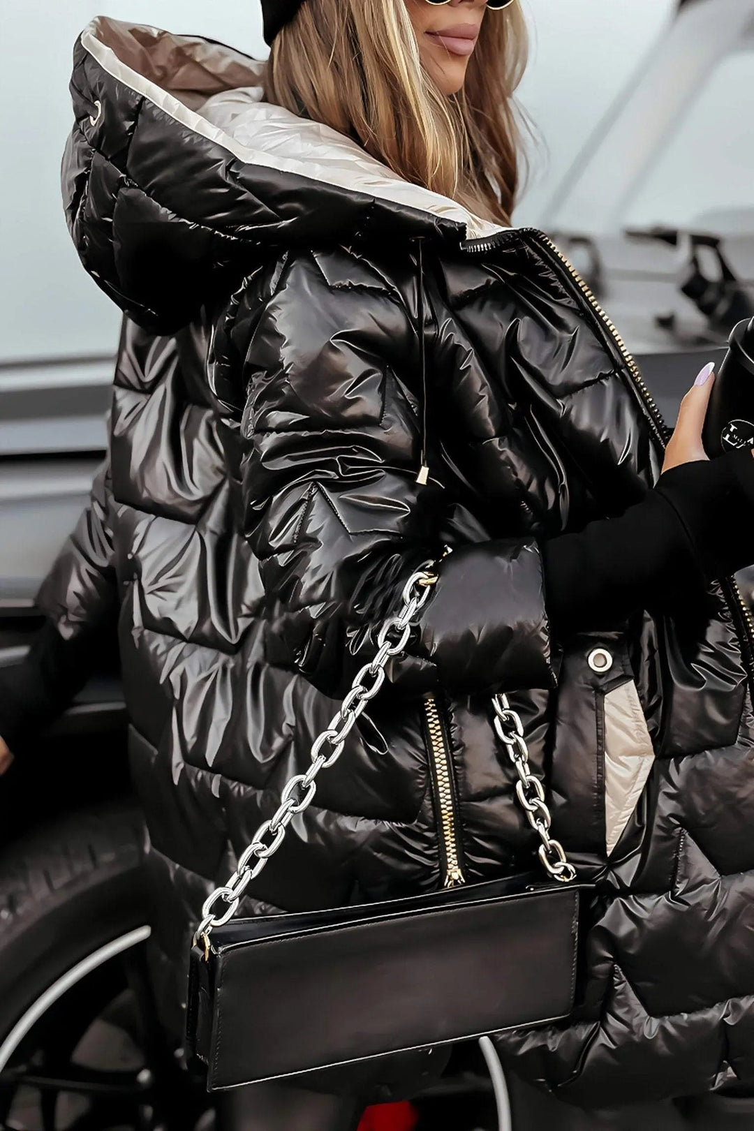 Kacob | Women's Glossy Hooded Longline Puffer Jacket – Chevron Quilted Zip-Up Coat