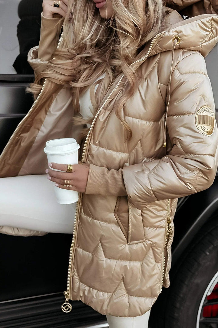 Kacob | Women's Glossy Hooded Longline Puffer Jacket – Chevron Quilted Zip-Up Coat