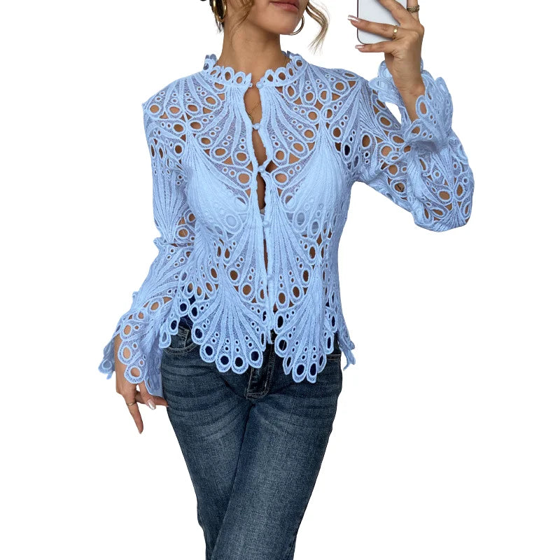 Women's hollow-out lace long sleeve blouse with keyhole high neck