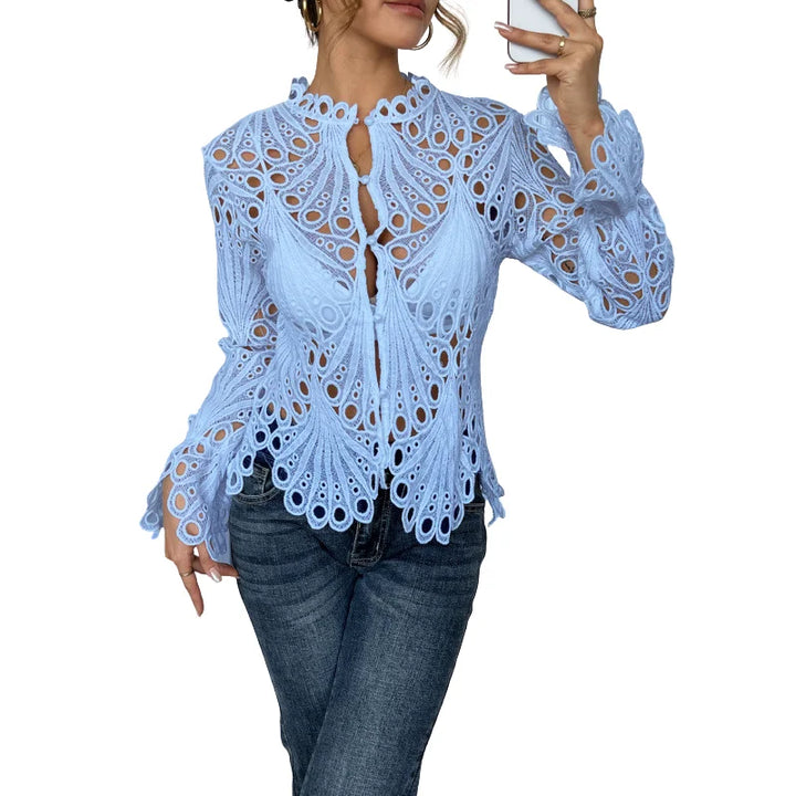 Women's hollow-out lace long sleeve blouse with keyhole high neck