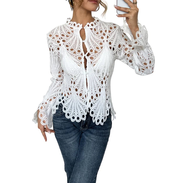 Women's hollow-out lace long sleeve blouse with keyhole high neck
