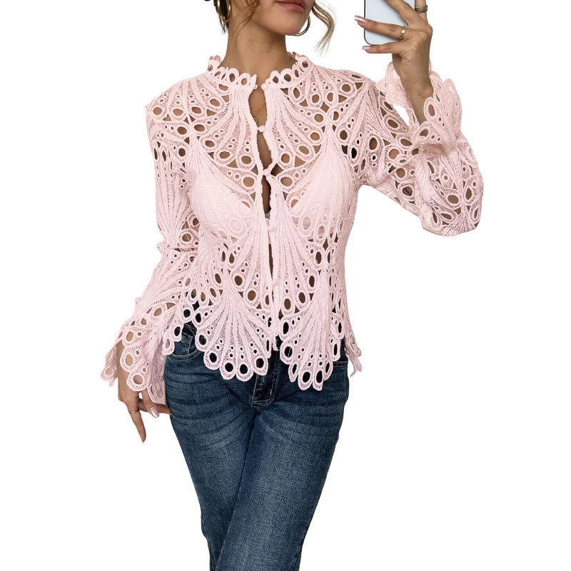 Women's hollow-out lace long sleeve blouse with keyhole high neck