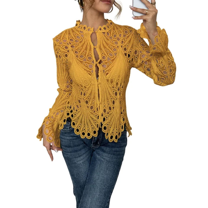 Women's hollow-out lace long sleeve blouse with keyhole high neck