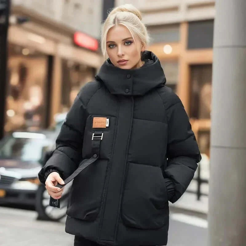 Kacob | Women's Hooded Padded Winter Coat – High Collar Patch Pocket Puffer Jacket