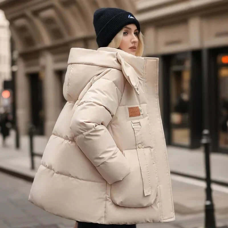 Kacob | Women's Hooded Padded Winter Coat – High Collar Patch Pocket Puffer Jacket