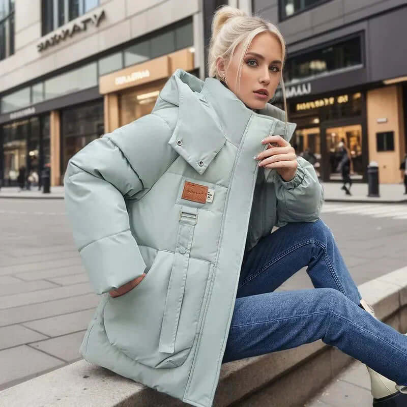 Kacob | Women's Hooded Padded Winter Coat – High Collar Patch Pocket Puffer Jacket