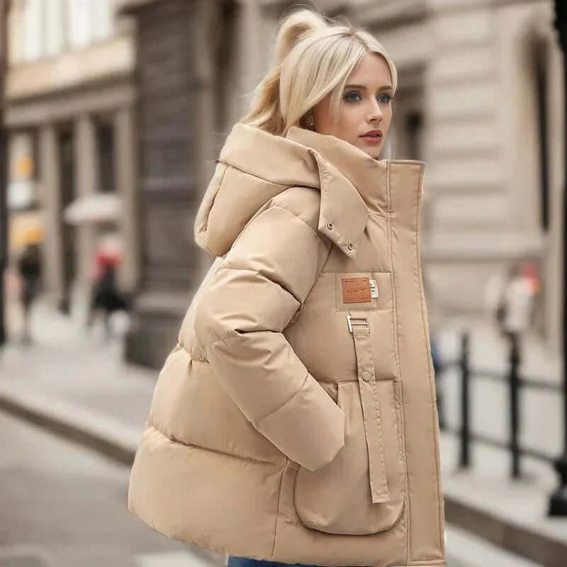 Kacob | Women's Hooded Padded Winter Coat – High Collar Patch Pocket Puffer Jacket