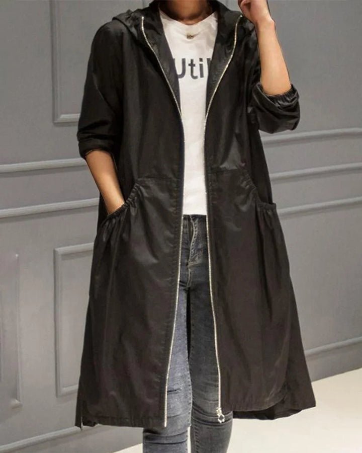 Women's Hooded Waterproof Long Trench Coat Zip-Up
