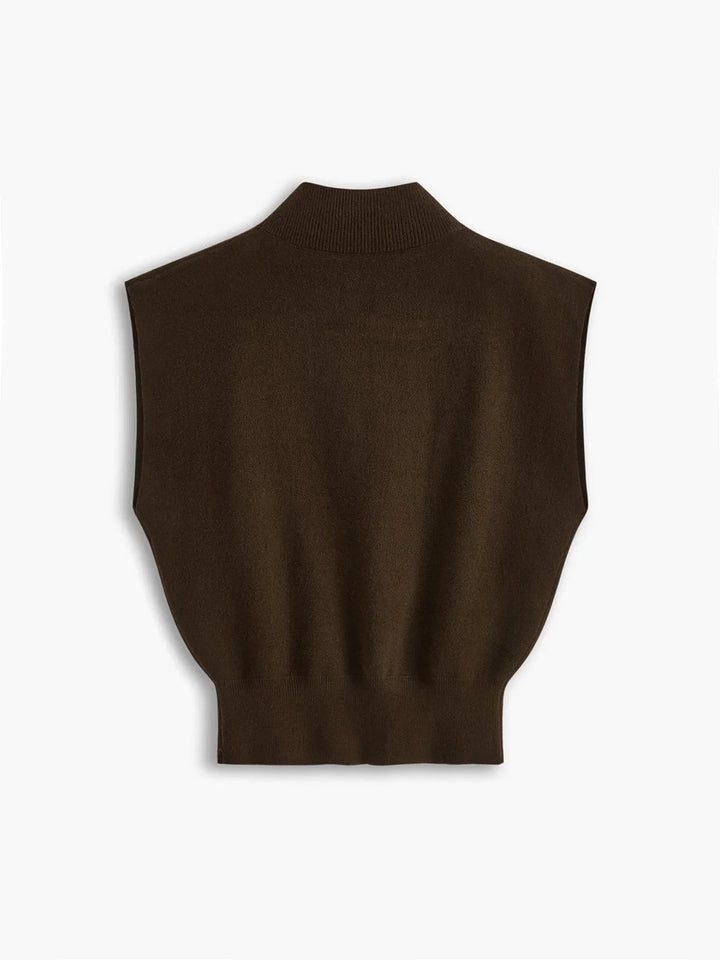 Women's knit padded-shoulder top with mock-neck and cap-sleeves
