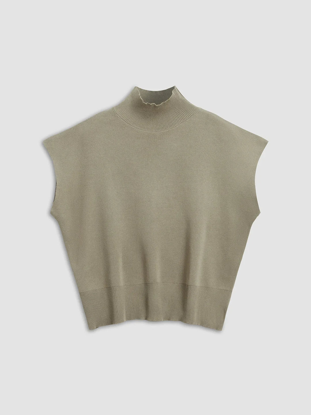 Women's knit padded-shoulder top with mock-neck and cap-sleeves
