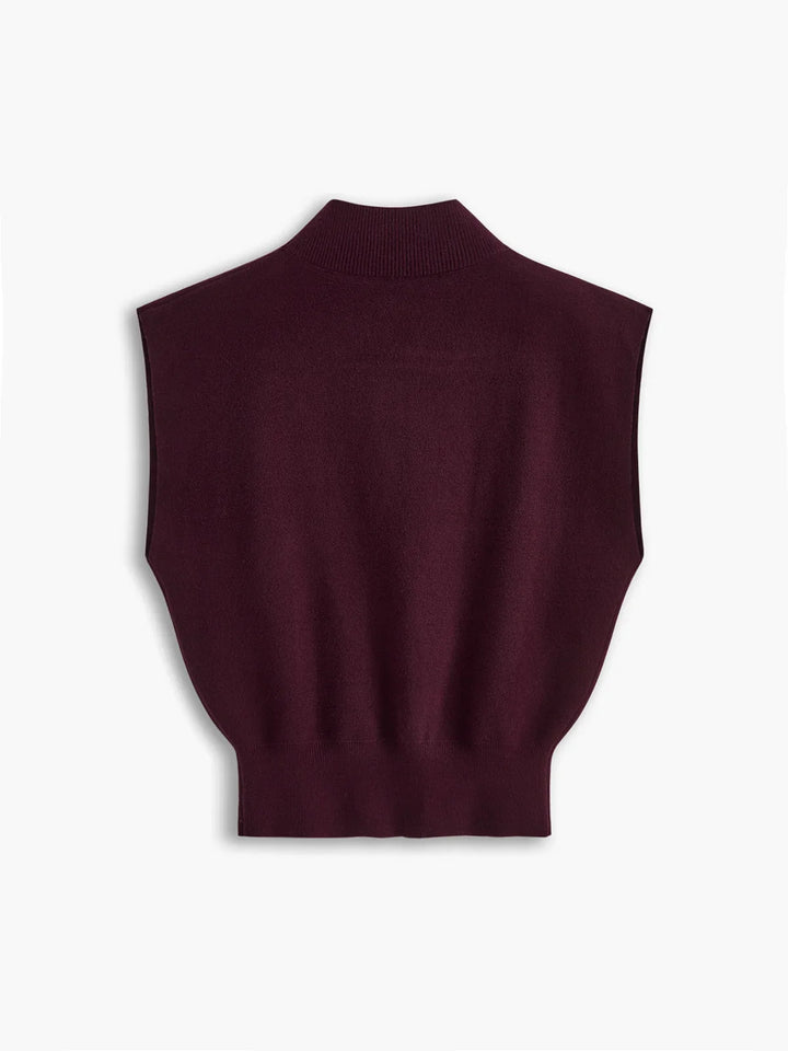 Women's knit padded-shoulder top with mock-neck and cap-sleeves