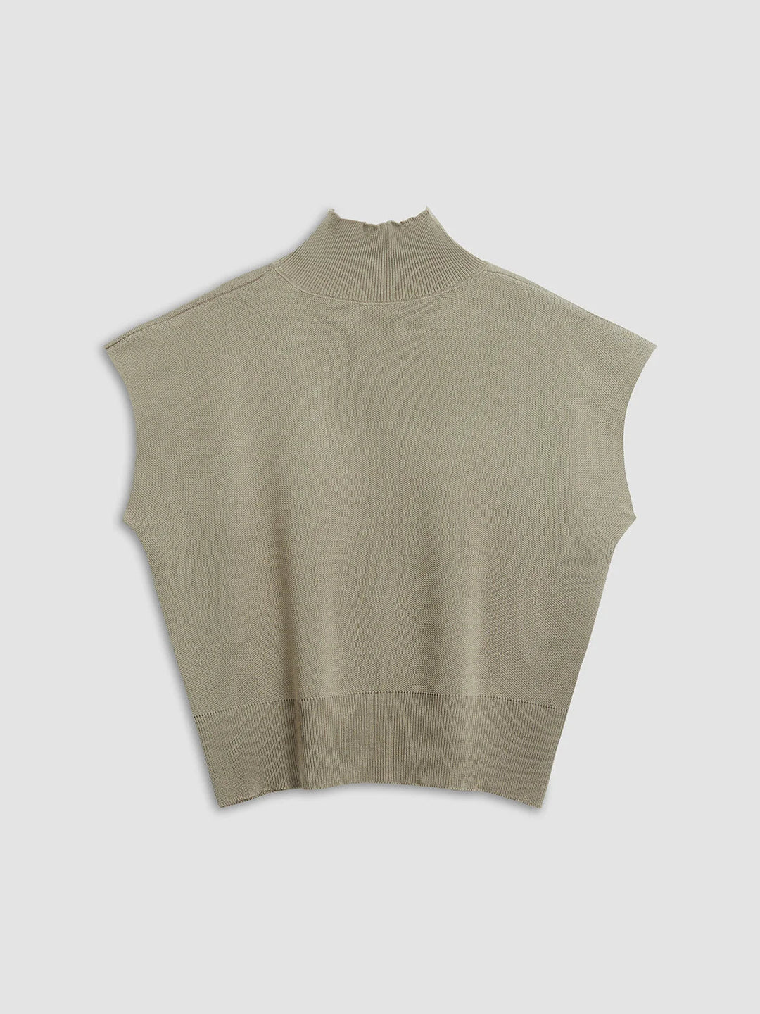 Women's knit padded-shoulder top with mock-neck and cap-sleeves