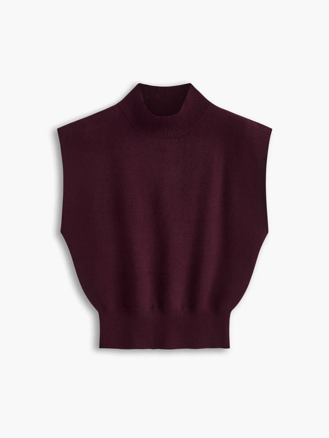 Women's knit padded-shoulder top with mock-neck and cap-sleeves