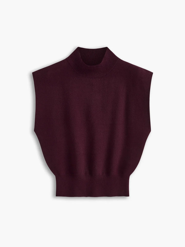 Women's knit padded-shoulder top with mock-neck and cap-sleeves