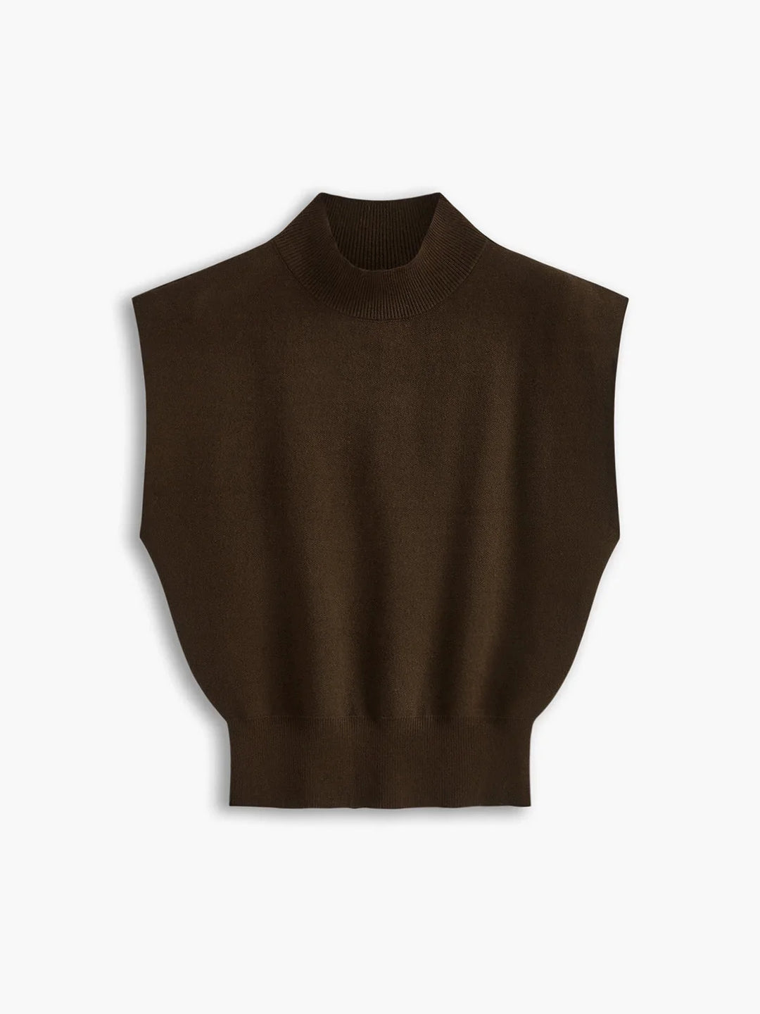 Women's knit padded-shoulder top with mock-neck and cap-sleeves