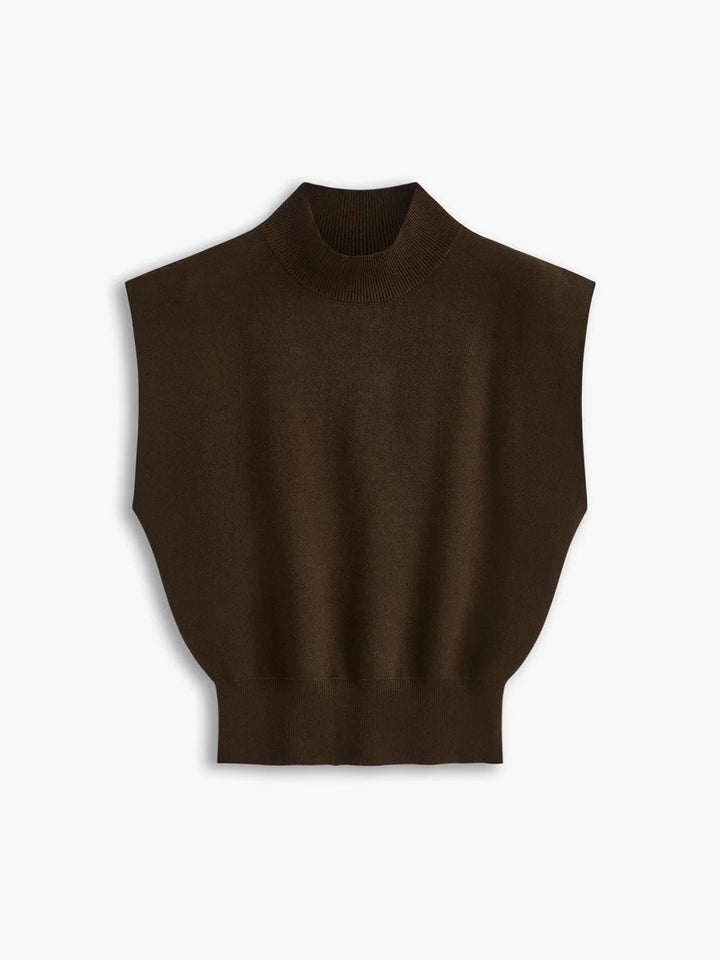 Women's knit padded-shoulder top with mock-neck and cap-sleeves