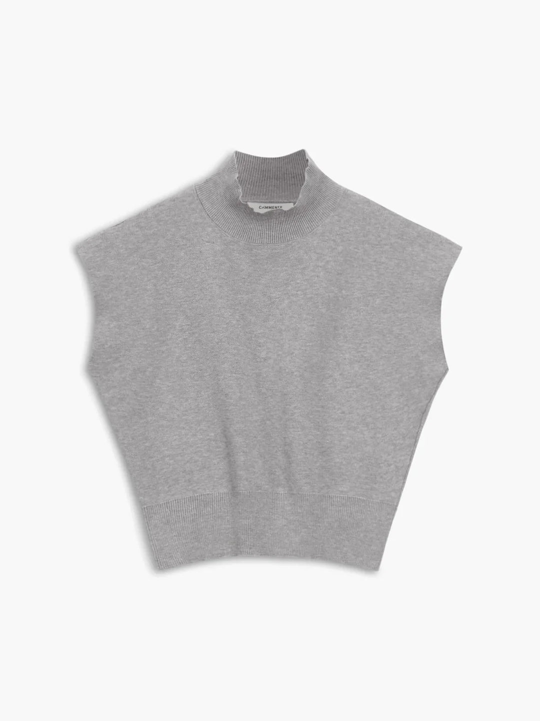 Women's knit padded-shoulder top with mock-neck and cap-sleeves