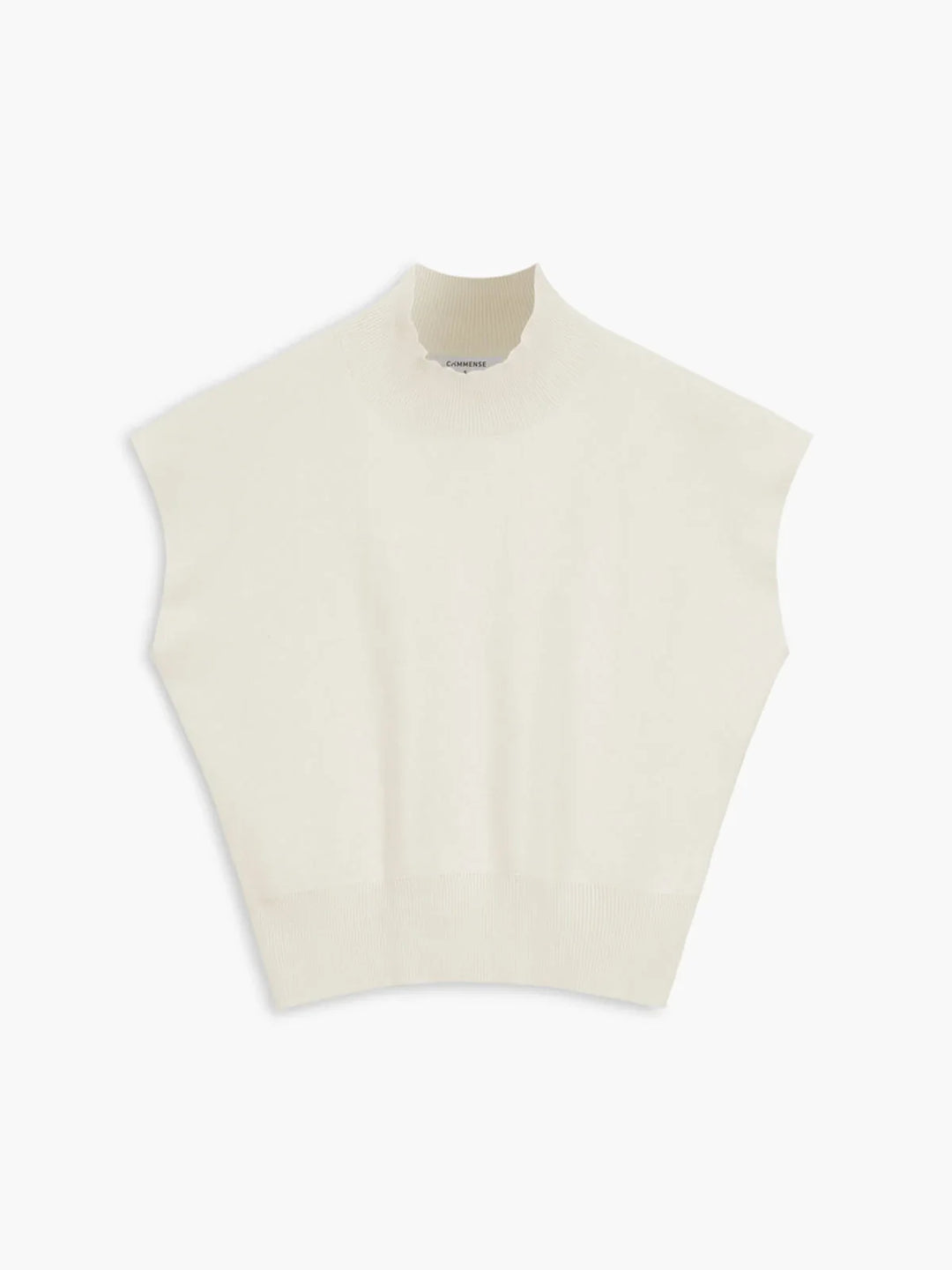 Women's knit padded-shoulder top with mock-neck and cap-sleeves