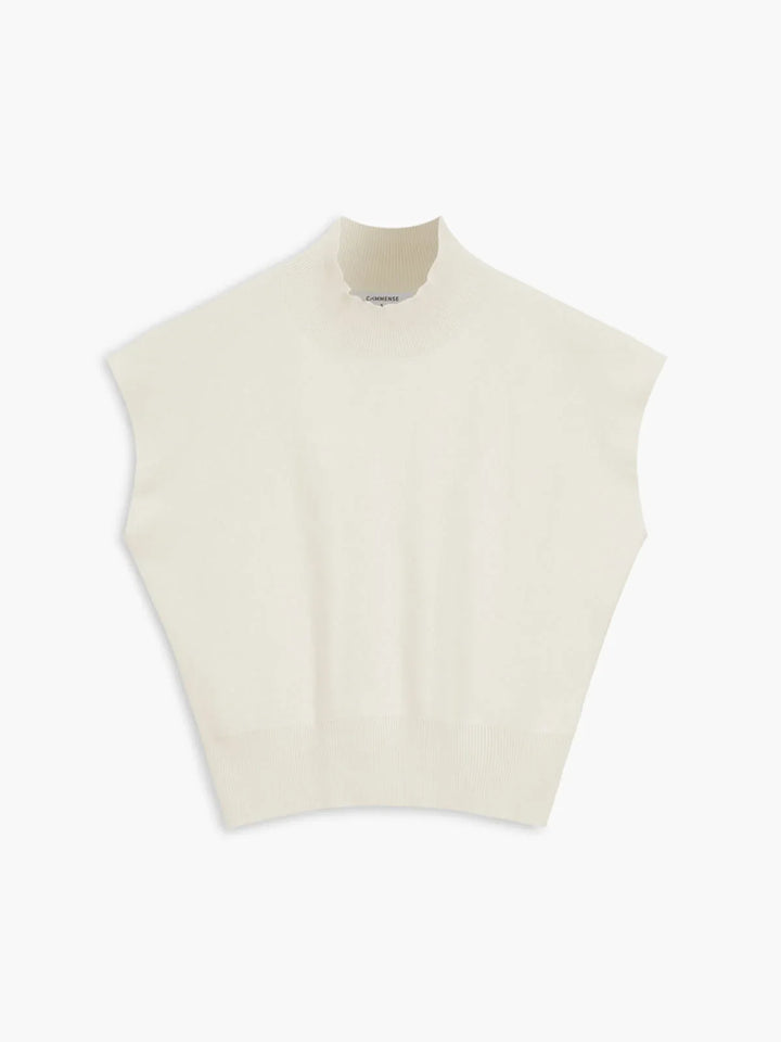 Women's knit padded-shoulder top with mock-neck and cap-sleeves