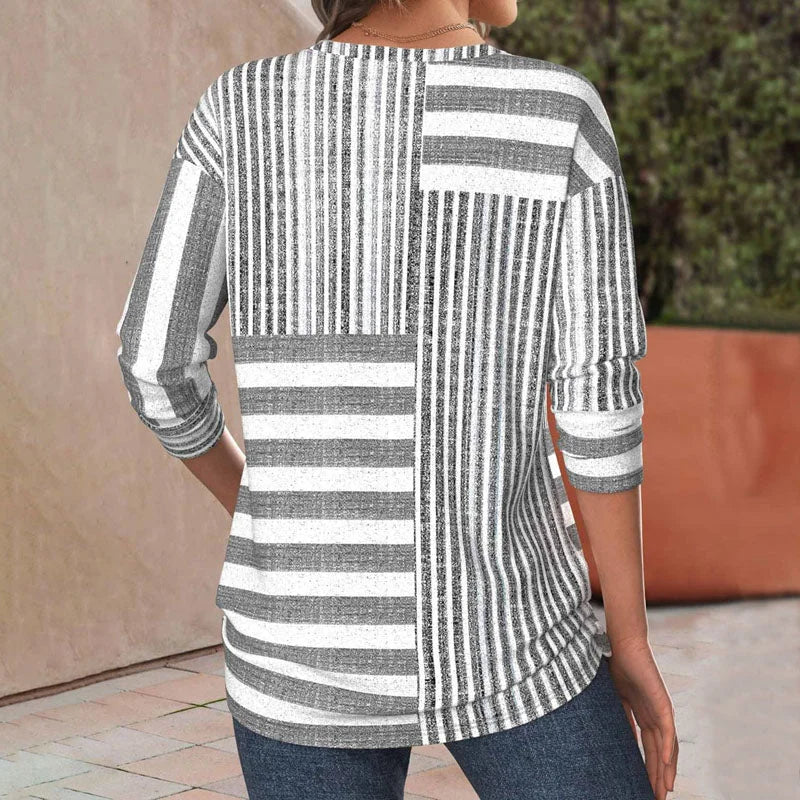 Women's knit patchwork striped blouse with 3/4 sleeves and crew neck