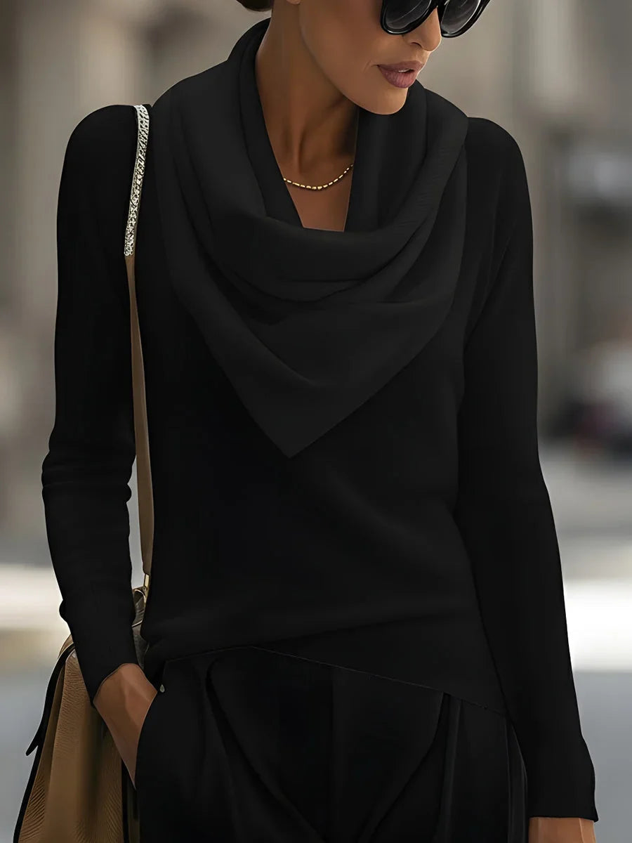 Women's knit top with draped cowl neck and long-sleeve design