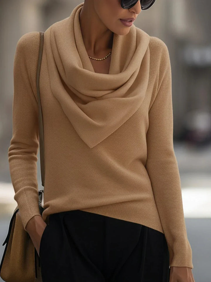 Women's knit top with draped cowl neck and long-sleeve design