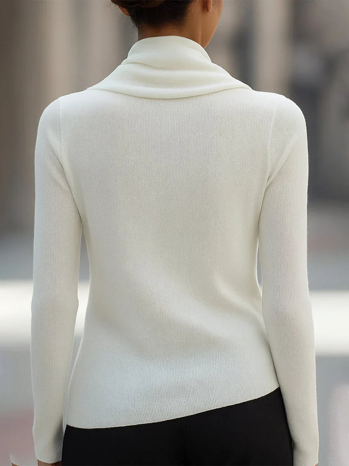 Women's knit top with draped cowl neck and long-sleeve design